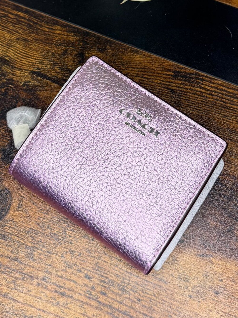 Coach Leather Snap Wallet Metallic Lilac